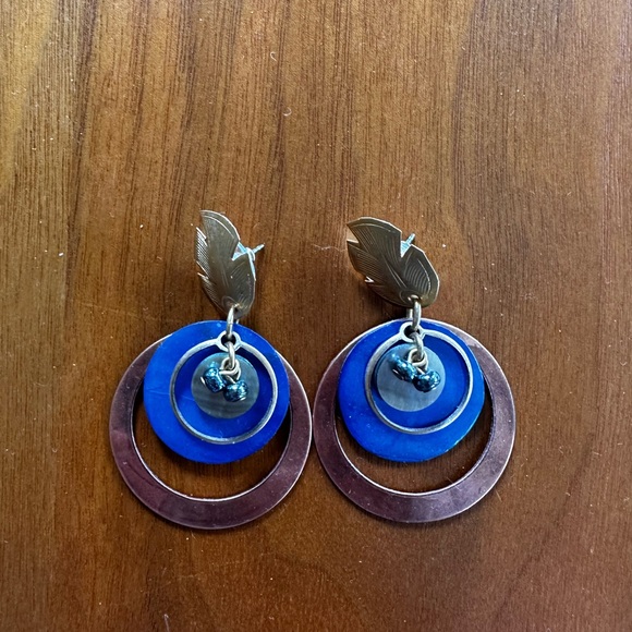 Blue and Gold Leaf Earrings - Picture 2 of 2